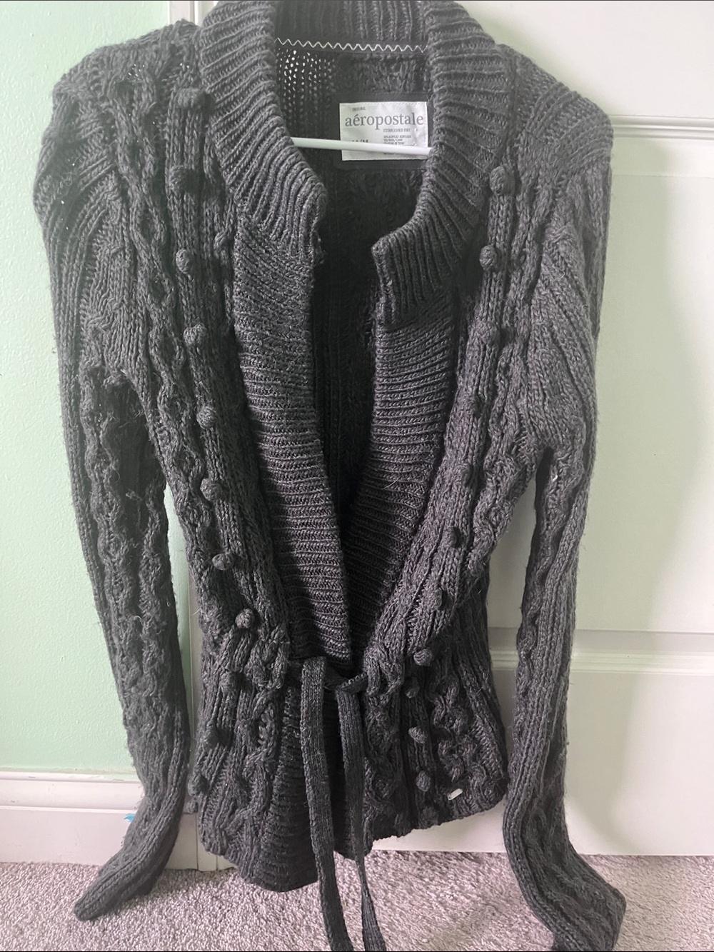 Aeropostale Women's Charcoal Cable Knit Shawl Cardigan with Tie
